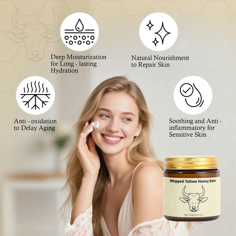 Whipped Grass-Fed Beef Tallow Honey Balm - 4 Oz,Moisturizing Cream for Soft, Smooth Skin - Handmade All-Natural Moisturizer - Lavender
