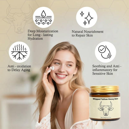 Whipped Grass-Fed Beef Tallow Honey Balm - 4 Oz,Moisturizing Cream for Soft, Smooth Skin - Handmade All-Natural Moisturizer - Lavender