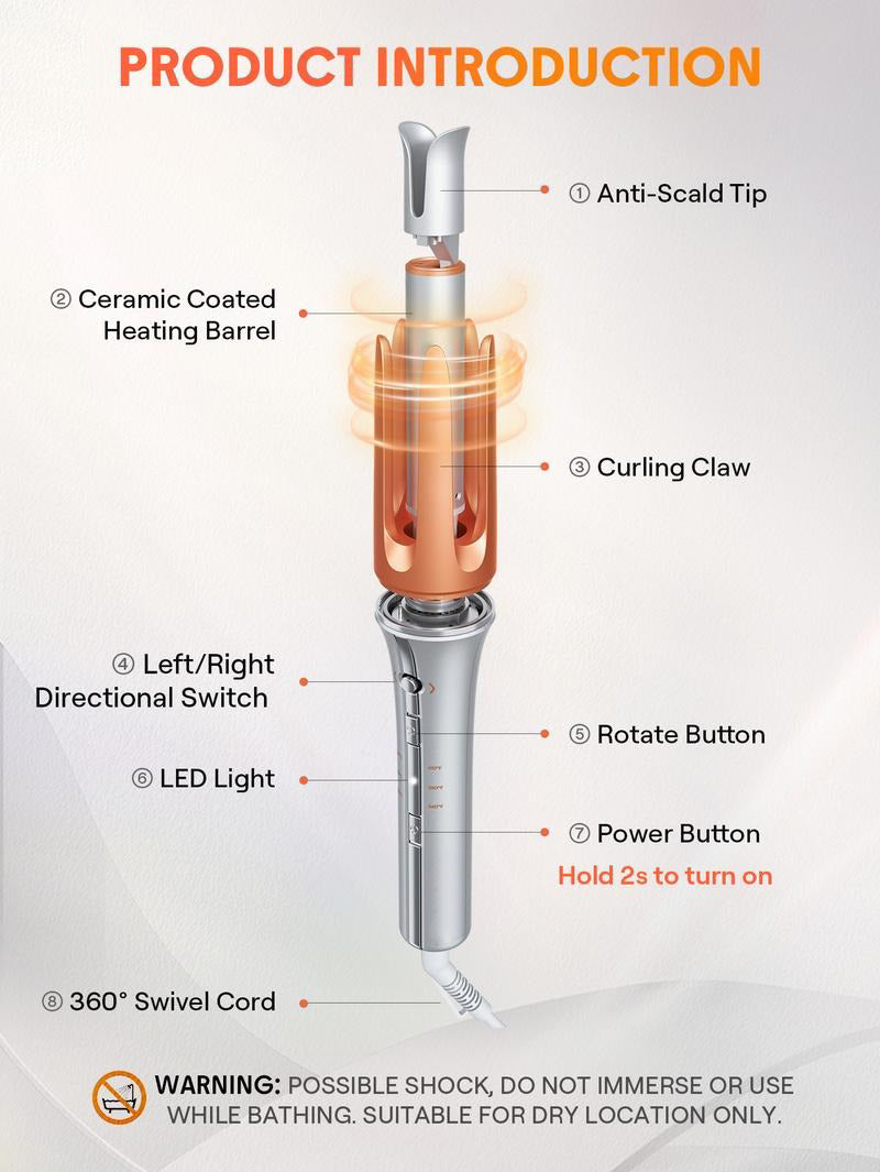 1-1.25" Automatic Hair Curling Iron - 3 Temp, 2-Way Rotation, Anti-Scald, Anti-Tangle, Auto Shut-Off, Swivel Cord