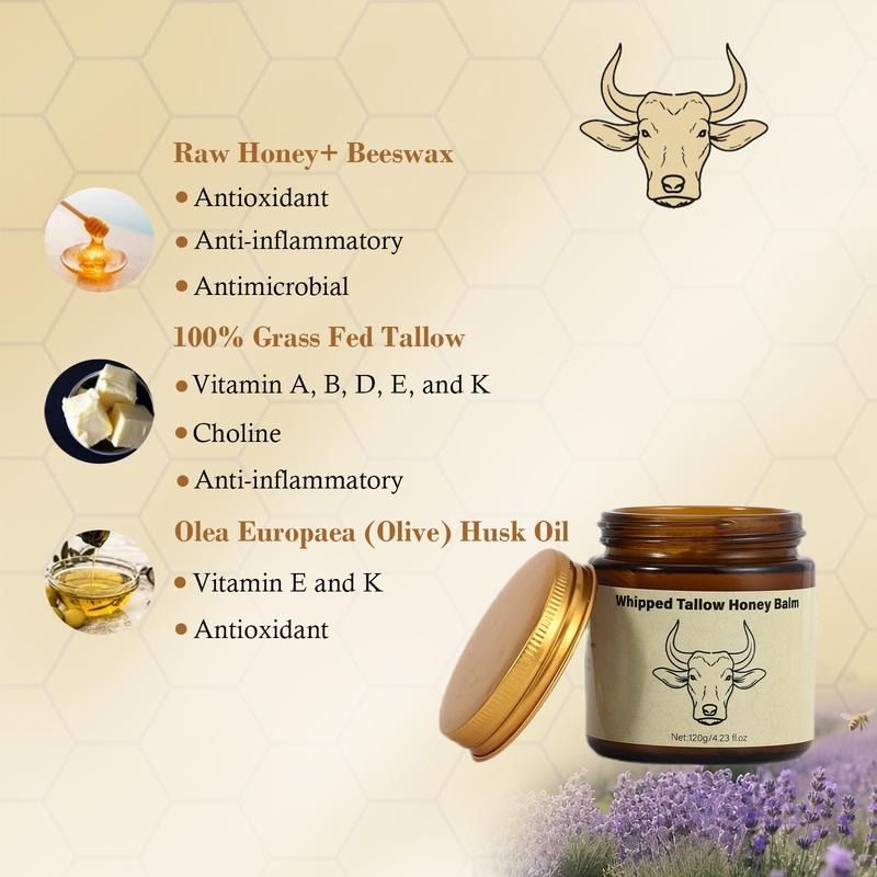 Whipped Grass-Fed Beef Tallow Honey Balm - 4 Oz,Moisturizing Cream for Soft, Smooth Skin - Handmade All-Natural Moisturizer - Lavender