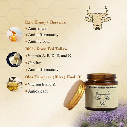 Whipped Grass-Fed Beef Tallow Honey Balm - 4 Oz,Moisturizing Cream for Soft, Smooth Skin - Handmade All-Natural Moisturizer - Lavender
