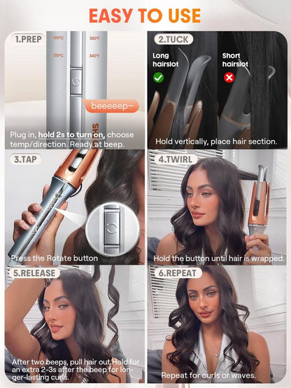 1-1.25" Automatic Hair Curling Iron - 3 Temp, 2-Way Rotation, Anti-Scald, Anti-Tangle, Auto Shut-Off, Swivel Cord